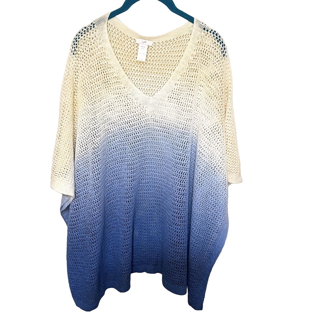 J. Jill Linen Cotton Poncho Crotchet White Blue Cream Ombre Vacation Resort Swim - Picture 4 of 7